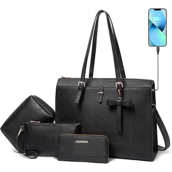 Keyli 4pc Sets Laptop Bag for Women Large Leather Laptop Briefcase with USB - Picture 7 of 7